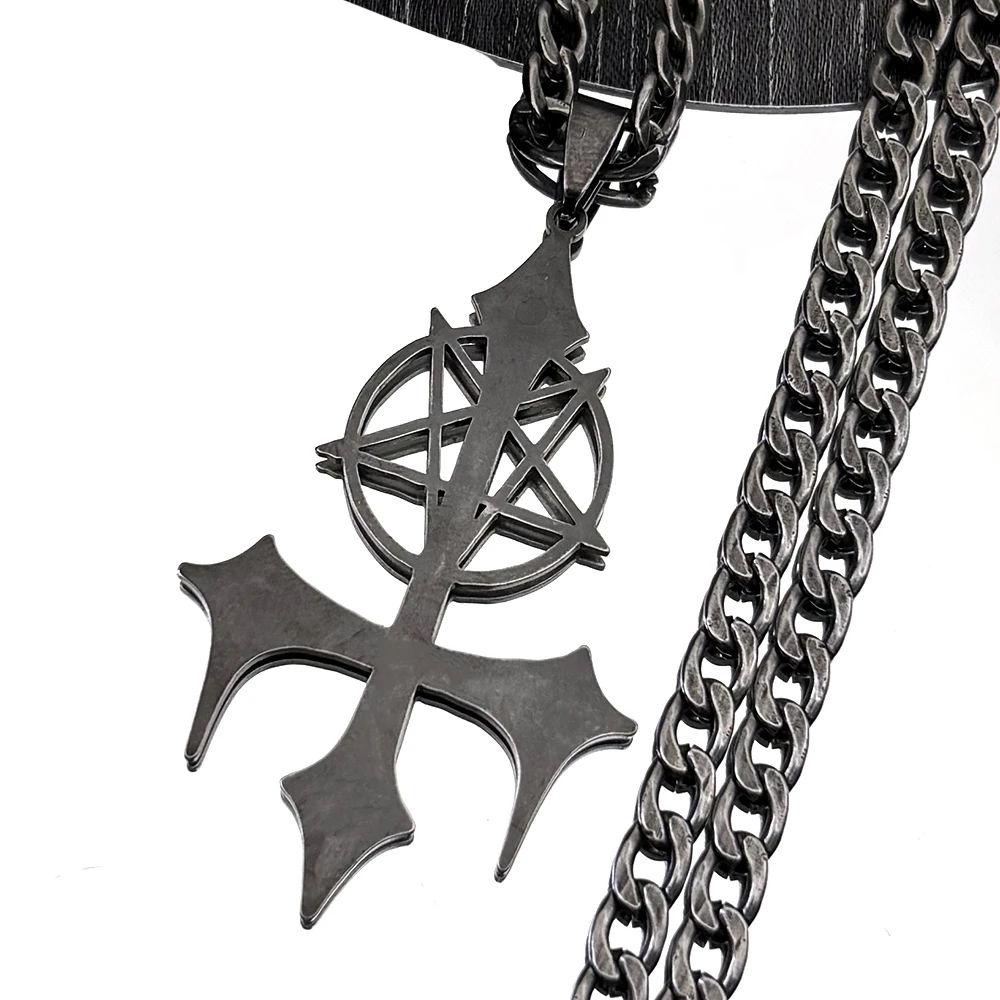 Pentagram Satan Fork Stainless Steel Inverted Star Cross Pendant Necklace for Women Men Gun Black Chain Necklaces Jewelry Gift