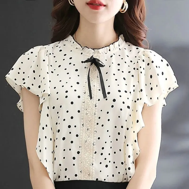 Korean Polka Dot Lace Chiffon Blouse Elegant Stand Collar Ruffles Spliced Women\'s Clothing Stylish Bow Summer Short Sleeve Shirt