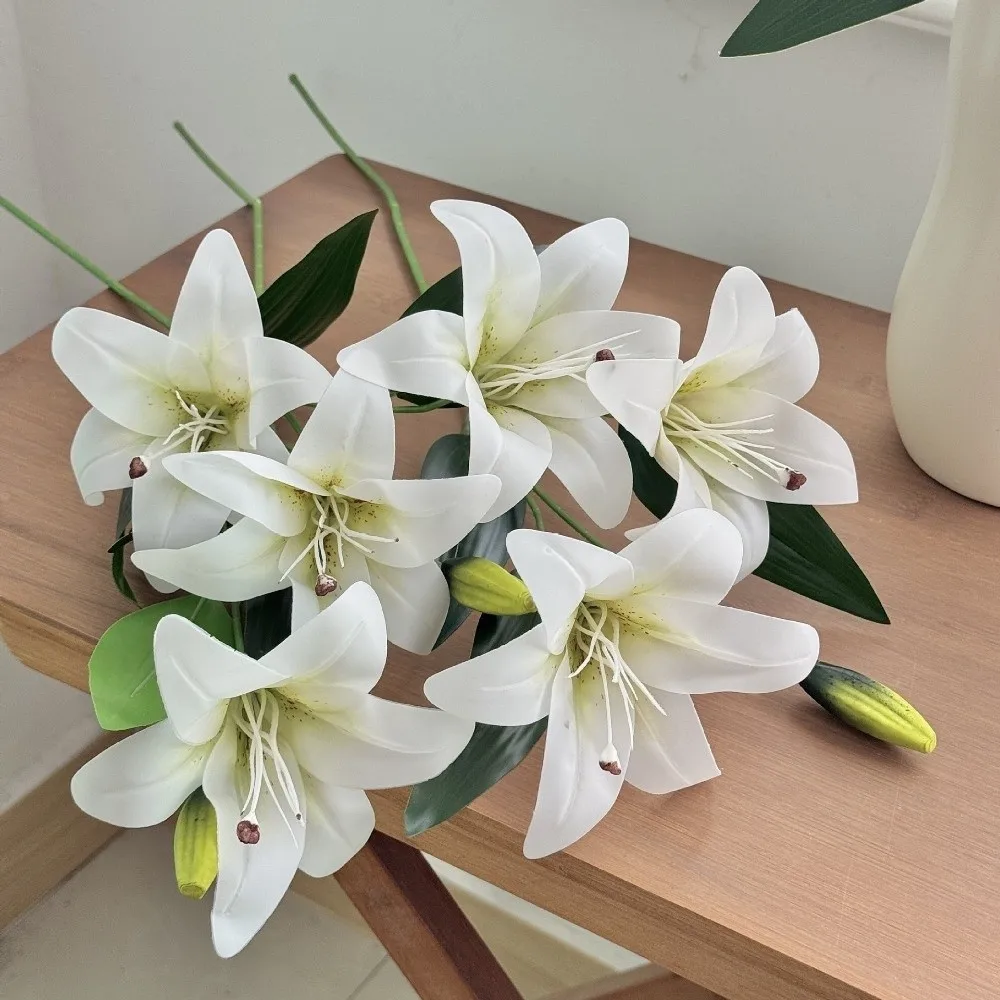 New 2-head Artificial Lily Flowers White Real Touch Fake Lily Branches Multi-Bloom Pink Artificial Faux Plants Home Decor