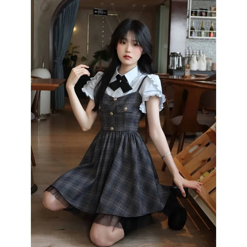 

Women's Preppy JK Style Plaid Suspender Dress Set Short Sleeve Shirt Two-Piece Outfit