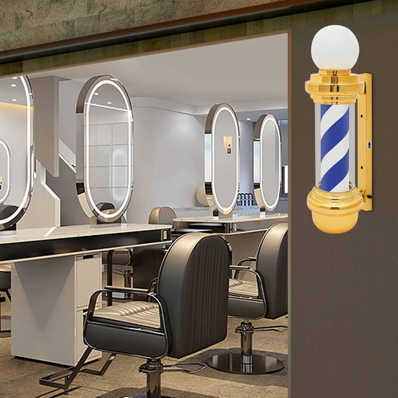 عمود حلاقة بلاستيكي مثبت على الحائط، ذهبي وأبيض وأزرق، صالون شعر دوار مفتوح مقاوم للماء لصالونات التجميل وصالونات التجميل