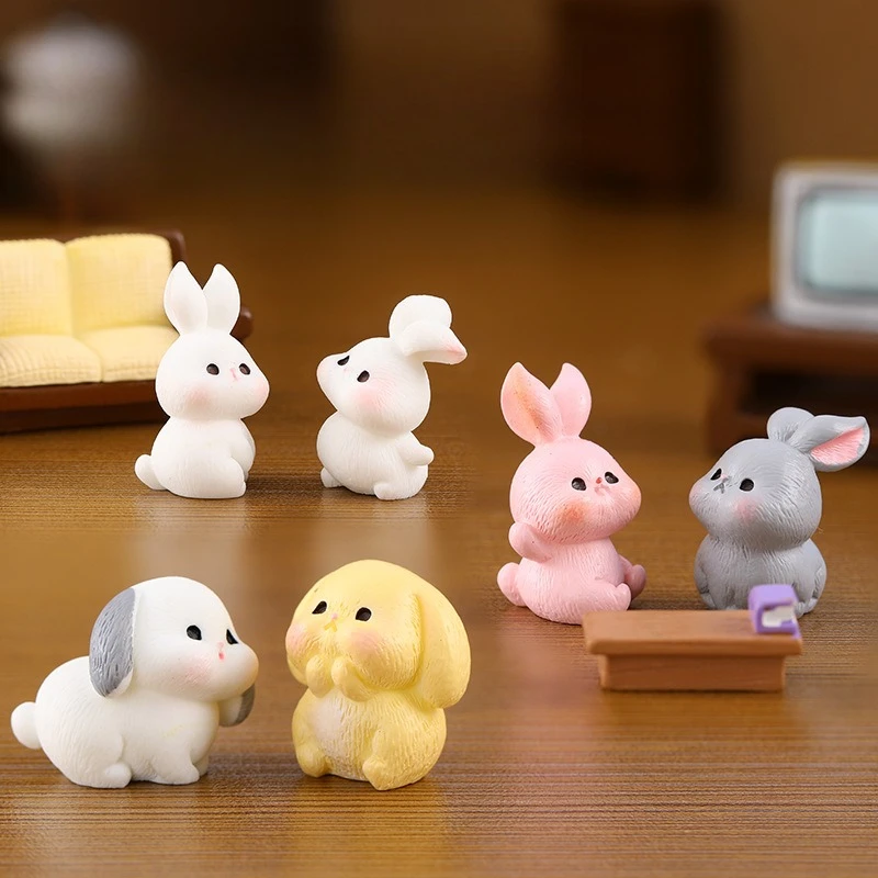Random 10PCS Cute Rabbit Family Resin Charms Sitting Running Lying Pink Gray Micro Landscape Desk Decor