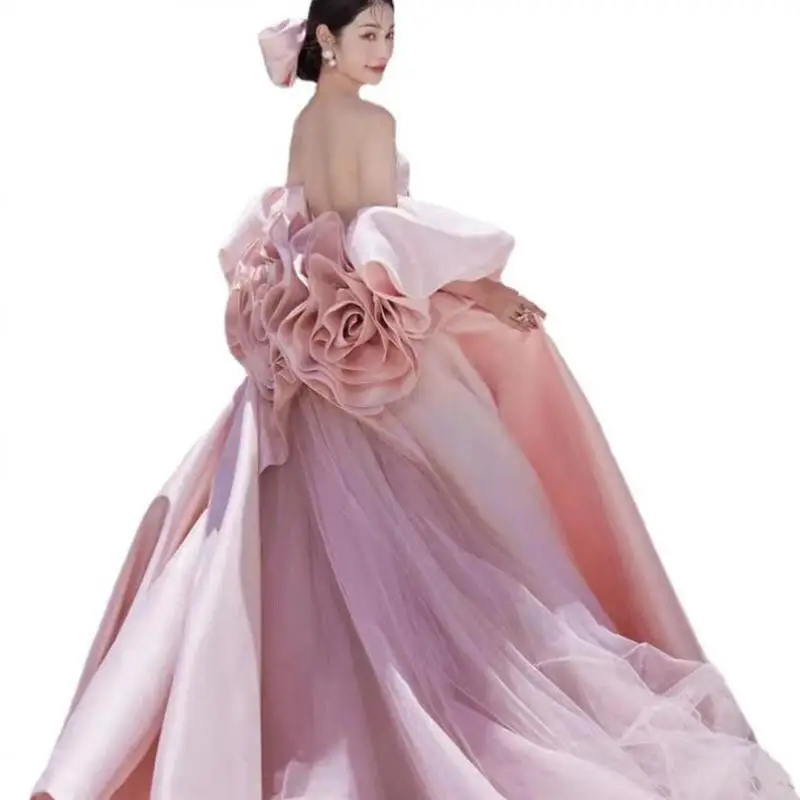 Vestido De quinceañera rosa con apliques De flores De tren grande, exquisito Vestido De baile hinchado De media manga, novedad De 2023