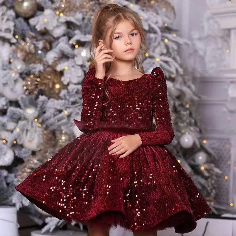 Baby Girl Princess Christmas Sequin Dress Long SleeveWinter Evening Gown Infant Toddler Child Bow Vintage Baby Clothes 12M-12Y