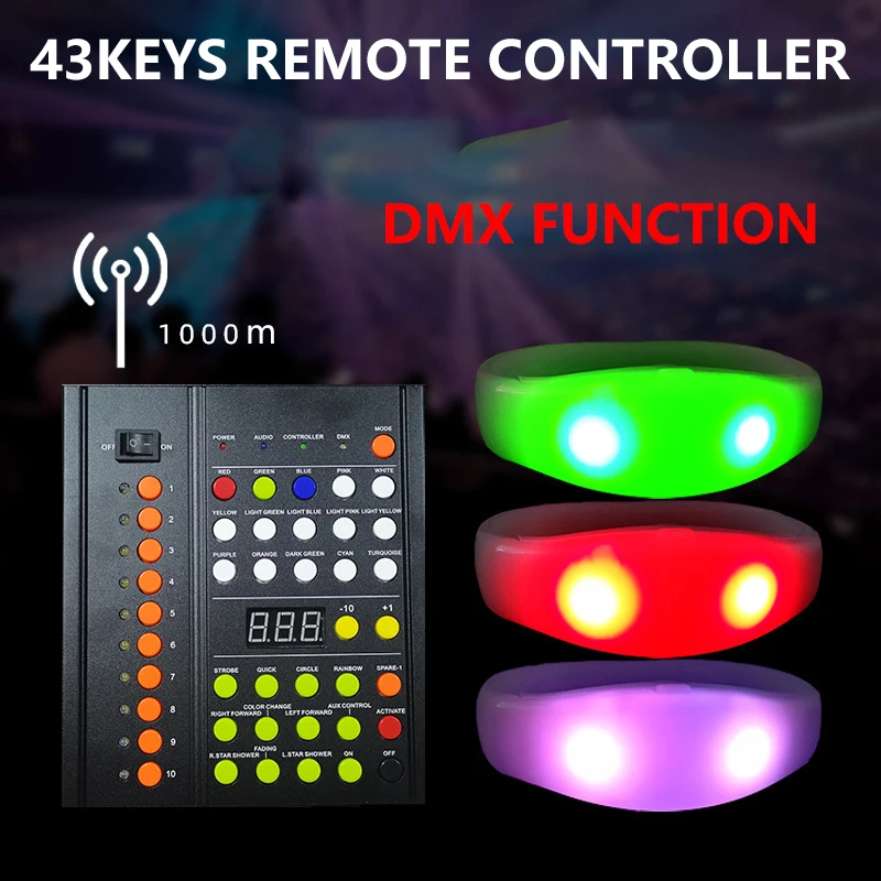 43Keys LED Bracelets 1000 Meters 10 Area 15 RGB Remote Controller DMX Function Wristband for Wedding Party 100/2000 Pcs