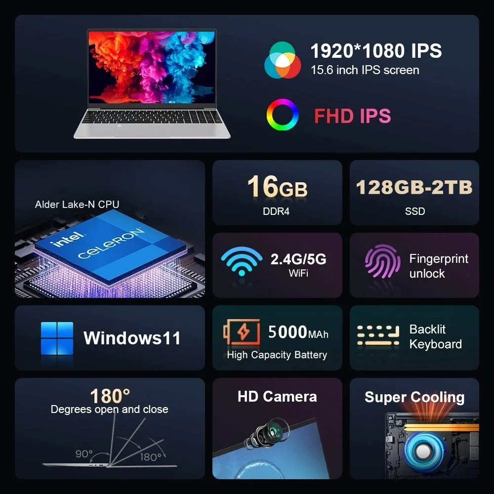 كمبيوتر محمول AKPAD مقاس 15.6 بوصة Intel Celeron N5095 كمبيوتر محمول 16G 32G Ram 128GB-2TB SSD كمبيوتر مكتبي للدراسة Windows 11 1080P أجهزة الكمبيوتر المحمولة
