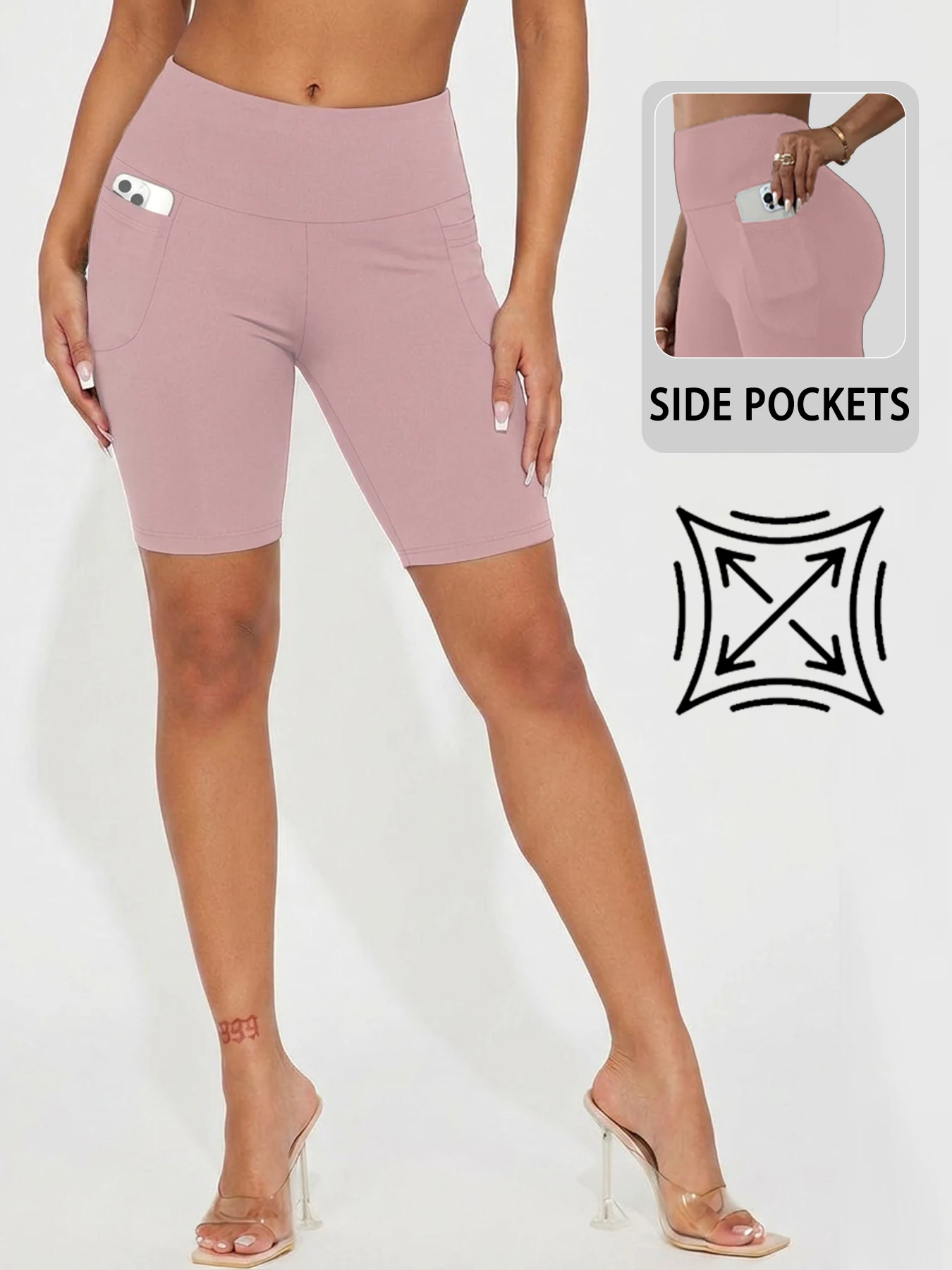 Hoch taillierte Biker-Shorts für Damen mit Taschen, superweiche, bauchkontrollierende Workout-, Lauf-, Yoga- und Sportshorts – Detail 9