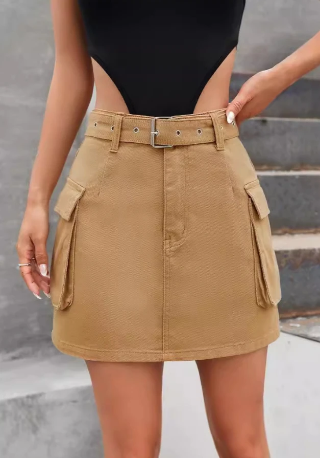 Women's Skirt Casual 2024 Summer Fashion Solid Color Slimming Denim Skirt High Waist Pocket Design A-line Mini Cargo Skirt