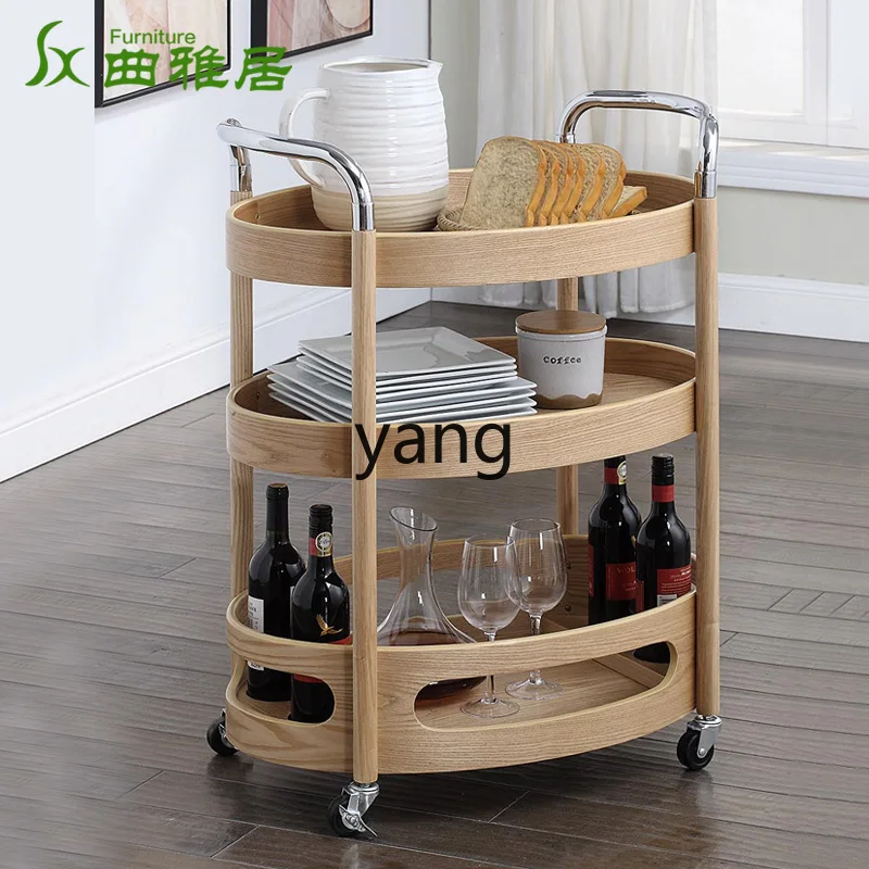 LTT solid wood trolley home living room mobile shelf retro round hand push wine cart