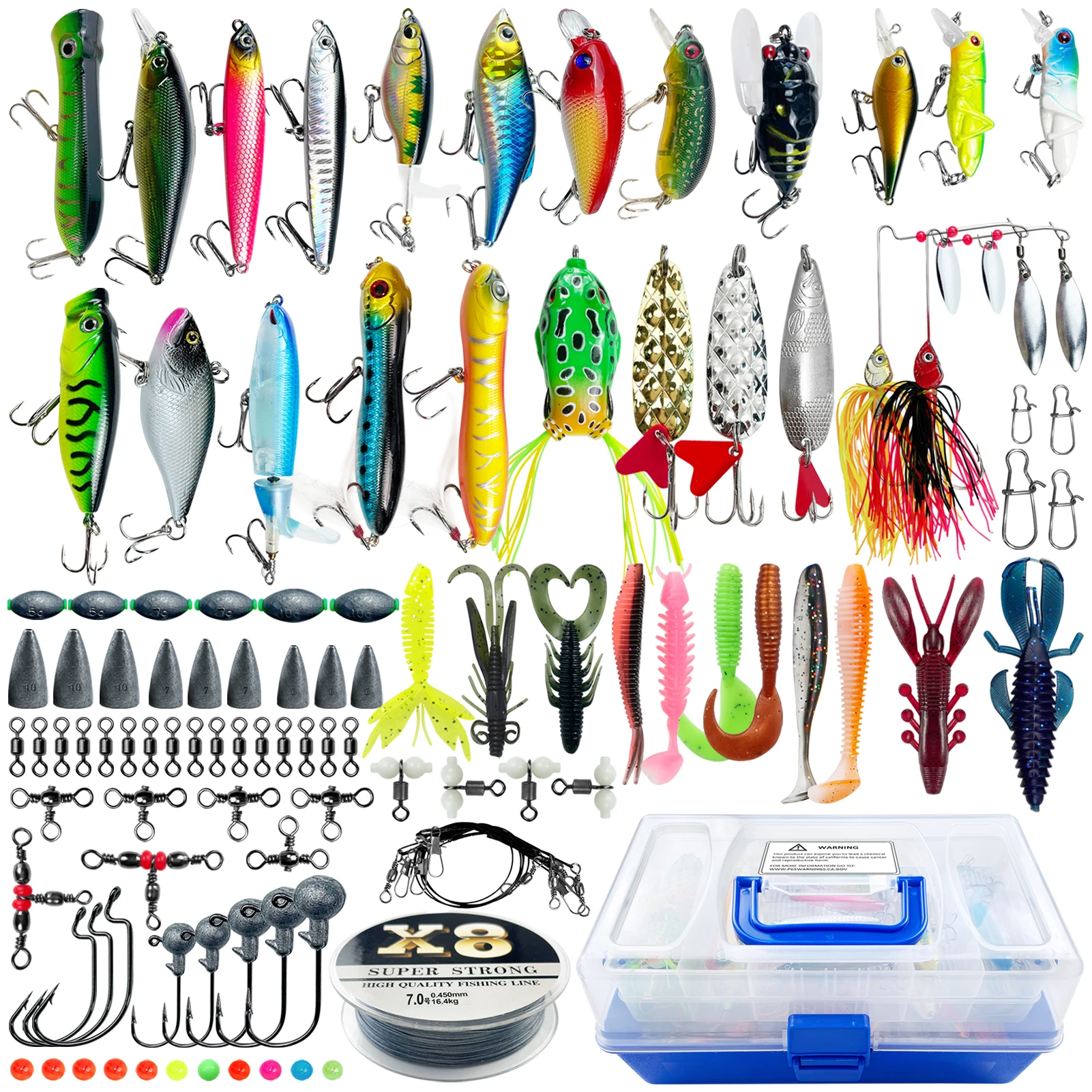 261pcs/Box Freshwater Lures Kit,Fishing Hard Baits,Spinner Spoons Lures Soft Worms Sinkers Swivels Line Fishing Accessories Set