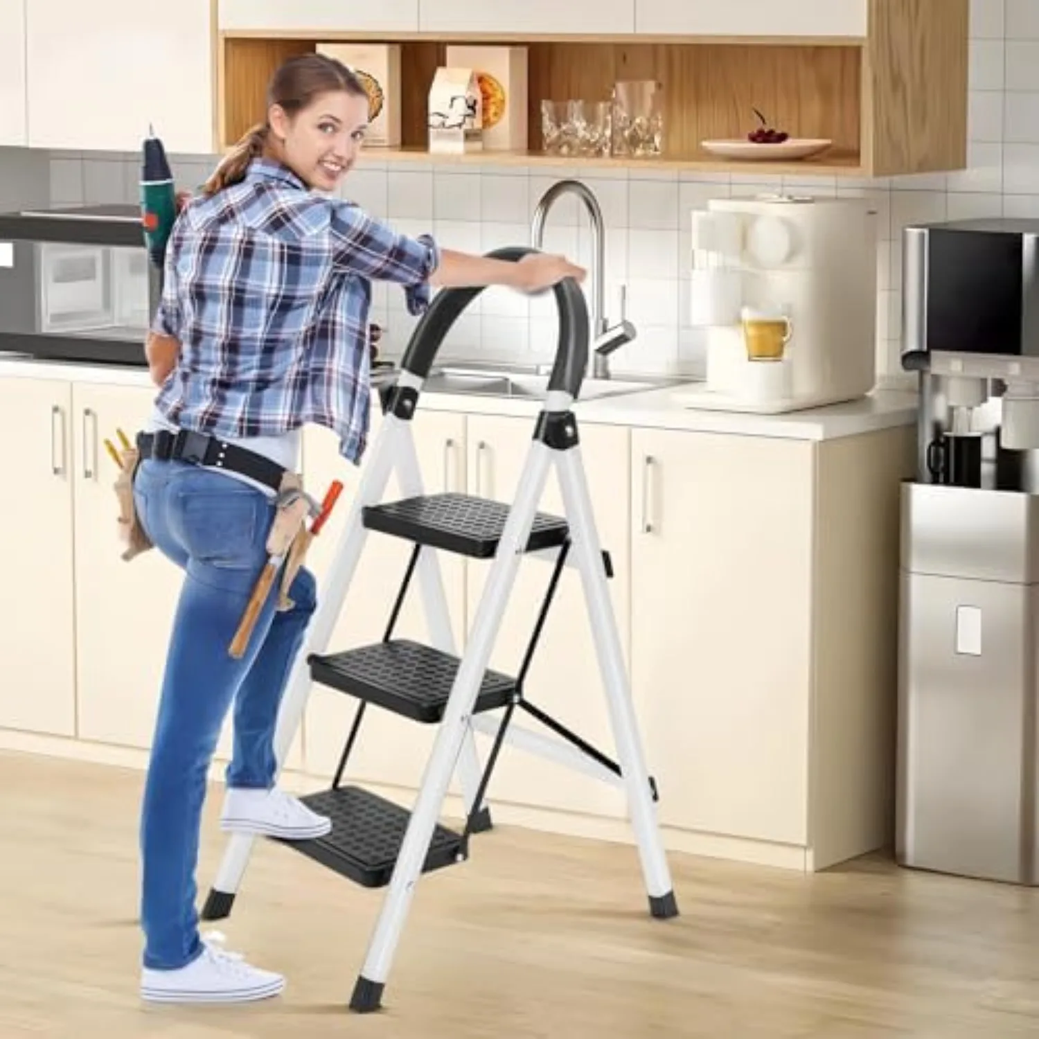 3 Step Ladder, Folding Steps Stool with Wide Anti-Slip Pedal and Safety Buckle, Portable Step Ladders Support Up to