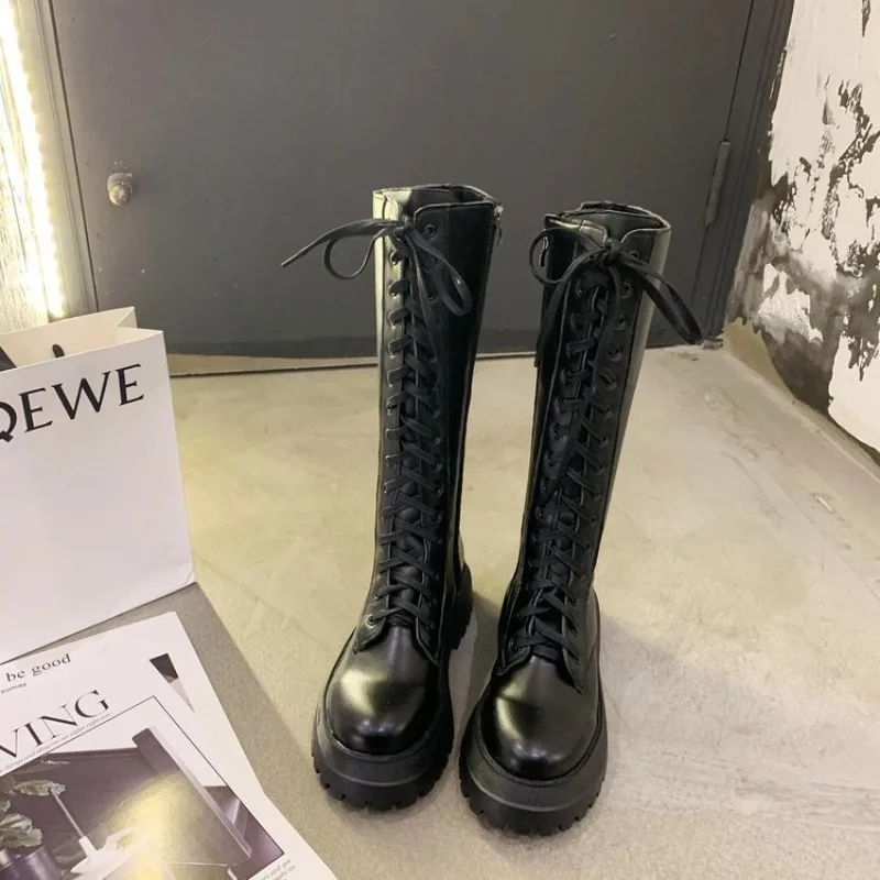 Women's Motorcycle Boots Fashion Platform 5cm Square Heel Black PU Leather Side Zipper Lace Up Women Shoes High Heel Long Boots