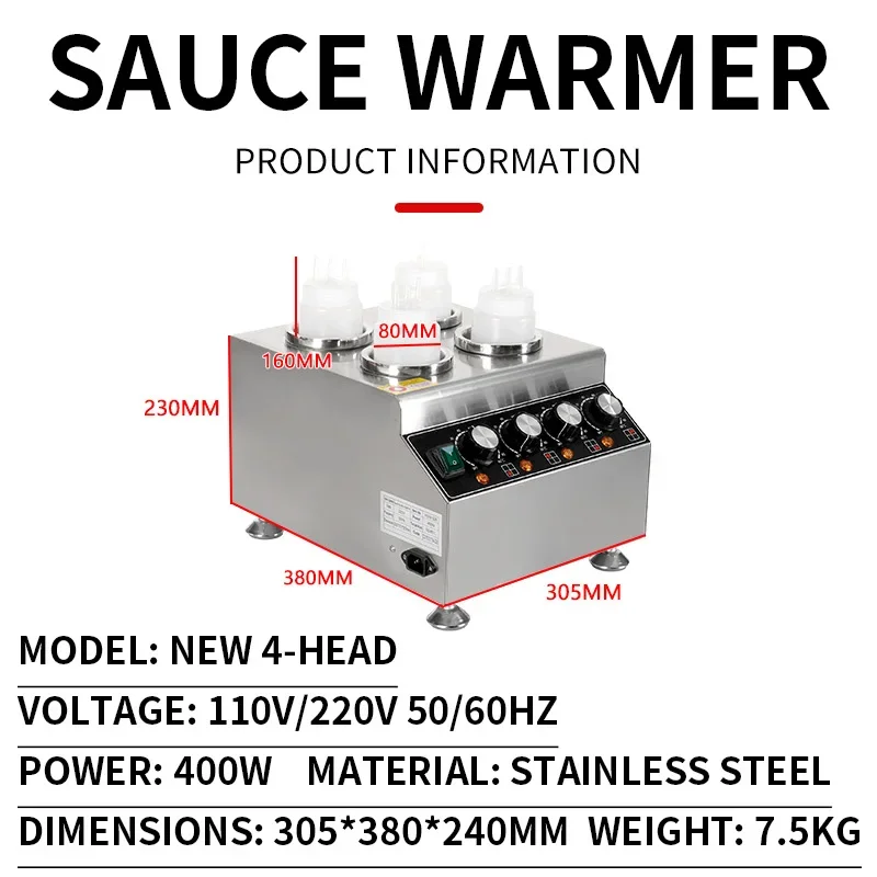 Commercial Sauce Warmer, Chocolate and Cheese Warmer, Stainless Steel Electric, Multifunctional 4-Bottle Sauce Warmer