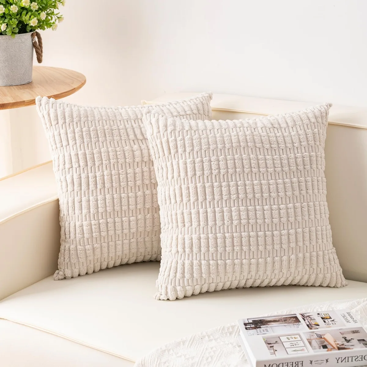 2pcs Corduroy Decorative Throw Pillow Covers 18x18” Soft Striped Pillow Covers Modern Farmhouse Home Decor for Sofa Living Room