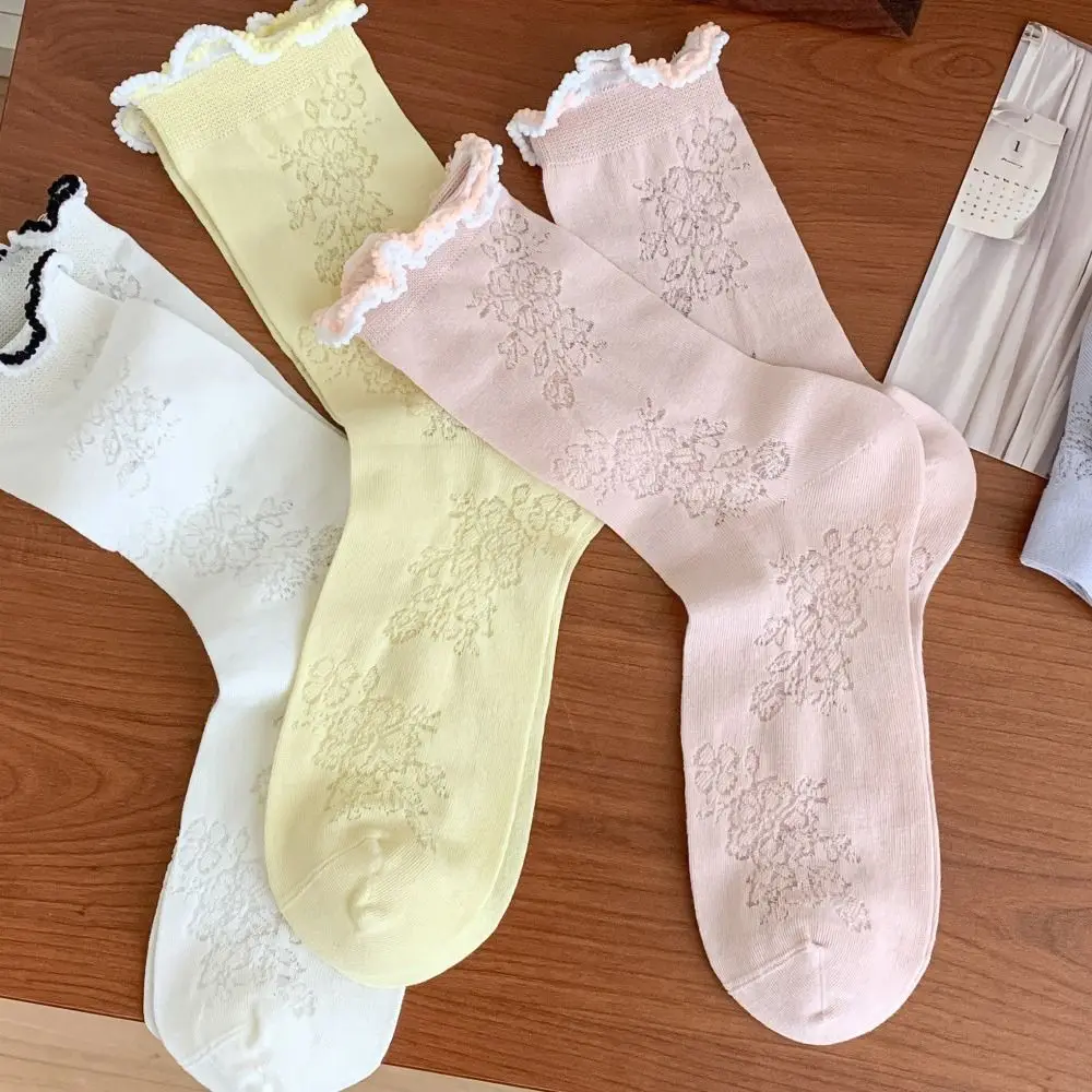 3Pairs موضة كشكش شبكة زهرة الجوارب تنفس لوليتا منتصف جوارب أنبوبية الجوارب النسائية Ins نمط الحلو الجوارب النساء الشارع الشهير