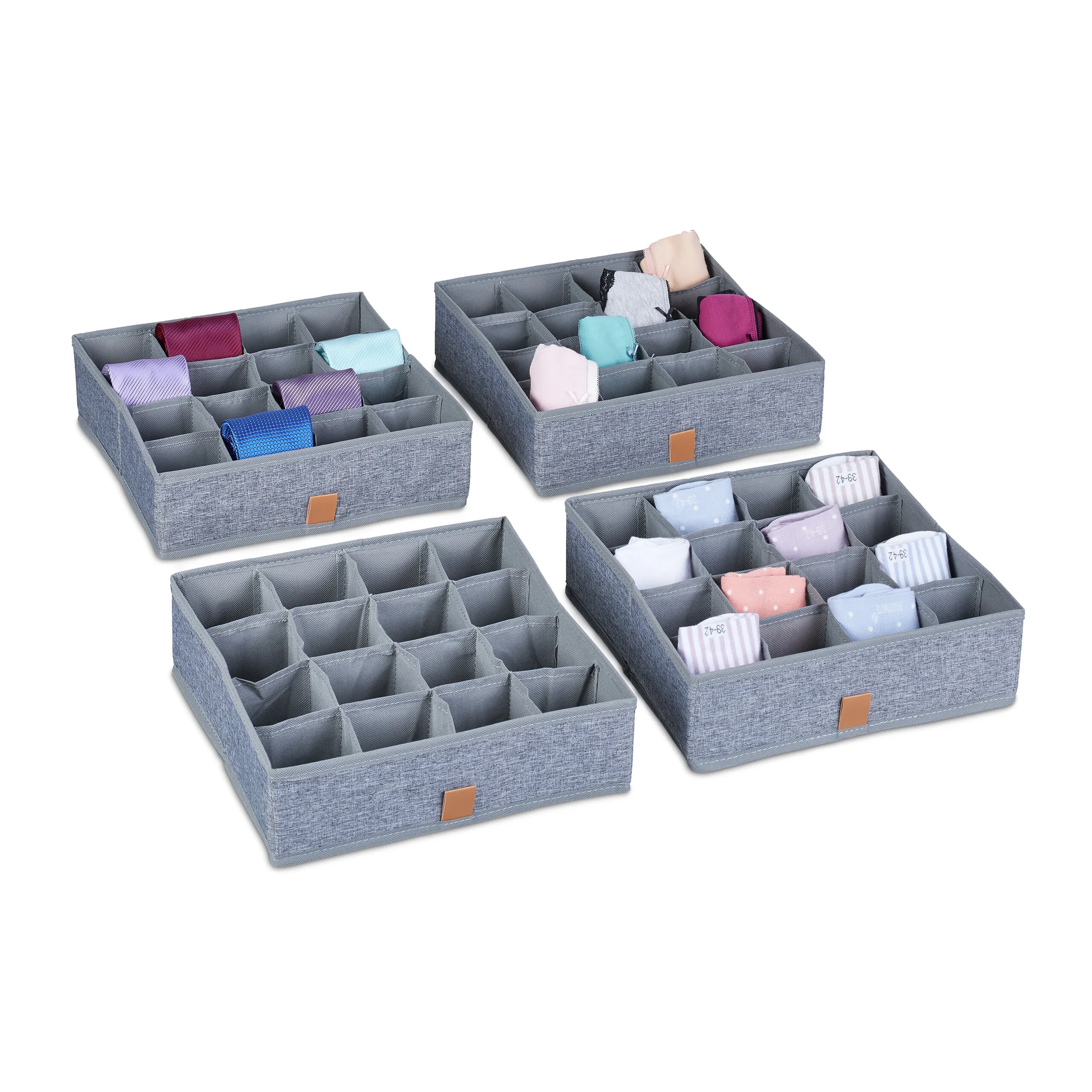 Organizzatore per biancheria intima, set da 4, 16 scomparti, per cassetti e armadi, pieghevole, grigio, 9 x 29 x 29 cm, organizer per calze, Relaxdays.
