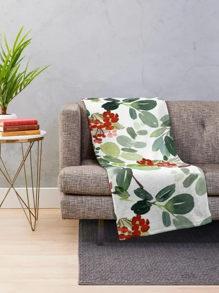 Watercolour Rowan Berries Throw Blanket No Pilling Soft Warm Blanket for Bed