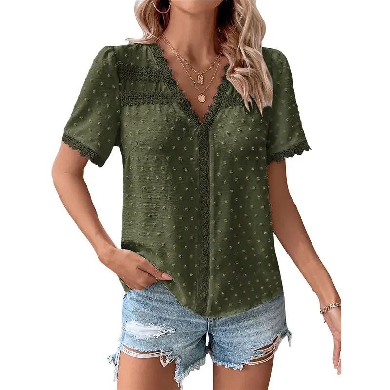 

CYL-Women's Boho Tops Lace Crochet V Neck Casual Dot Tunic Tops Pom Pom Short Sleeve Blouses Shirts