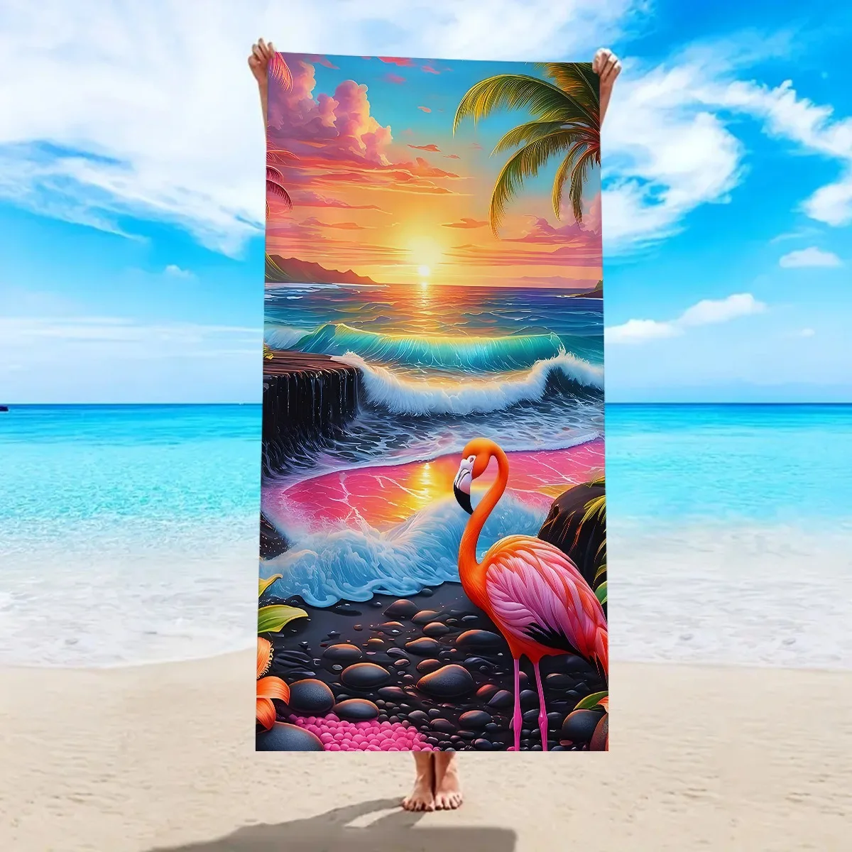 

Polyester Beach Towel Tropical Pink Flamingo Sunset Print Quick Dry Sand Free Large Bath Towel for Summer Swim Pool Vacation