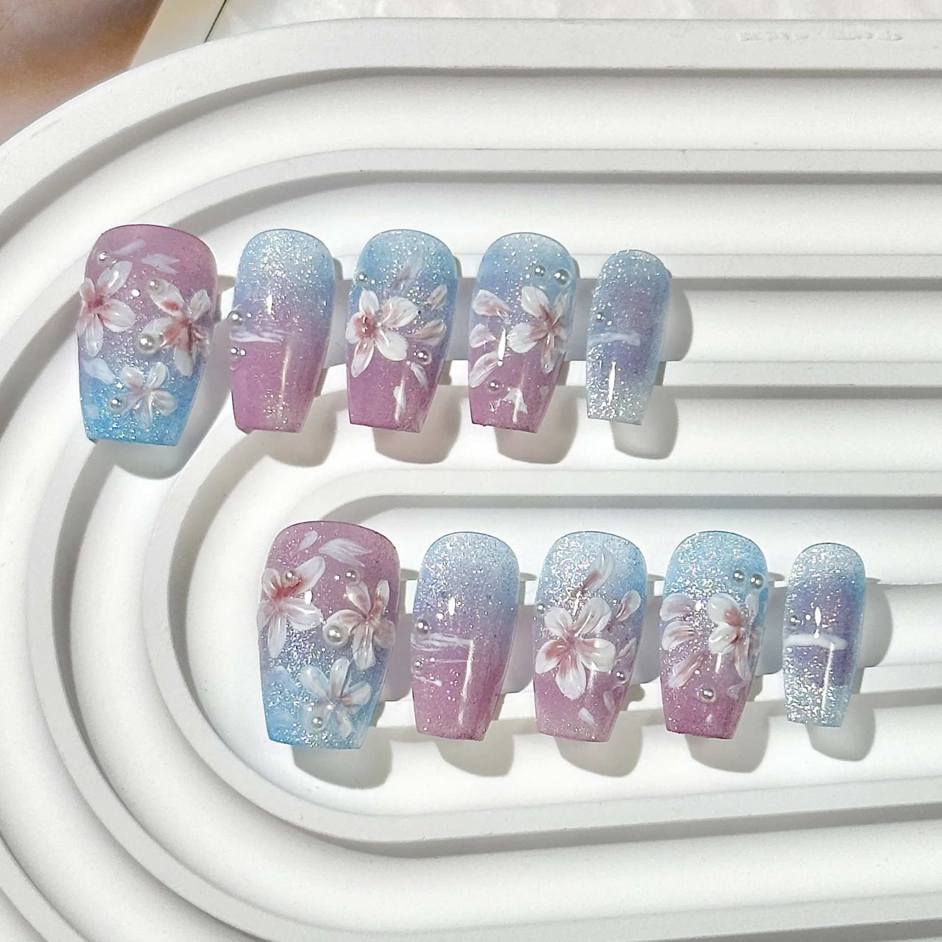 10 pièces bleu fait à la main faux ongles conseils arc français court Ballet faux ongles Art détachable paillettes strass conception presse sur les ongles