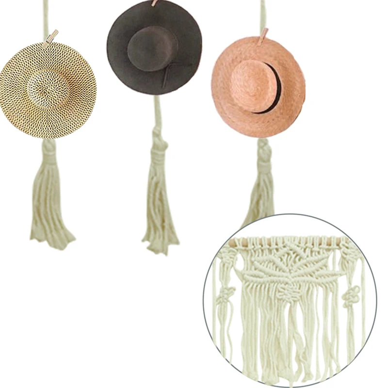 Boho Hand Woven Cotton Wall Hanging Hat Organizer Display Rack With Clip Storage Cap Holder Scarf Hanger Nordic Macrame Tapestry