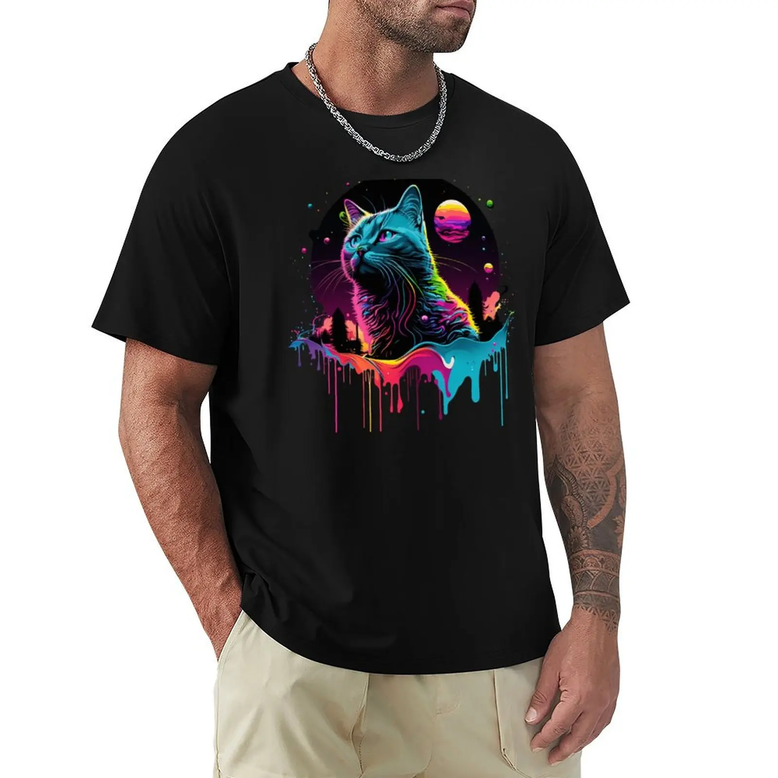 Stylish cat on the moon with paint traces T- Shirt T-Shirt man graphic t shirt T-Shirt
