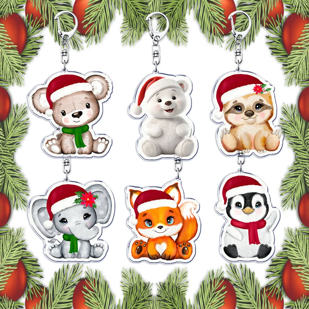 Christmas Baby Bear Fox Sloth Elephant Penguin Giraffe Bunny Keychains Ring for Accessories Bag Double-sided Printing Key Chain