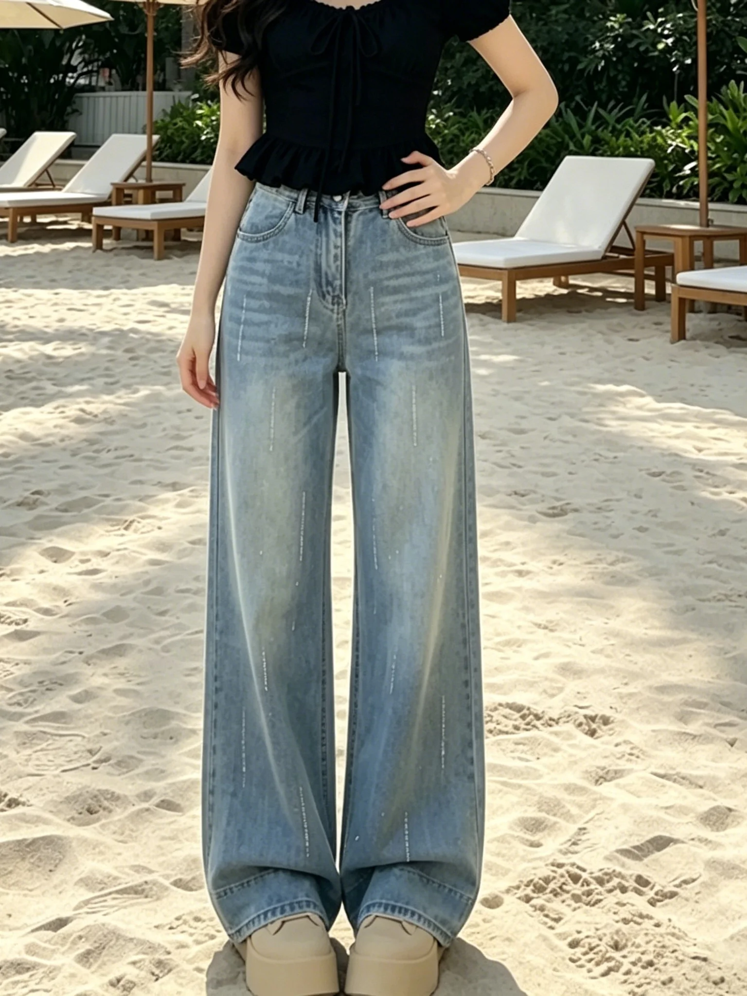 

Retro High Waist Wide Leg Blue Rhinestone Women's Jeans Summer 2026 Loose Casual Straight Cut Pants Stylish Versatile Trousers