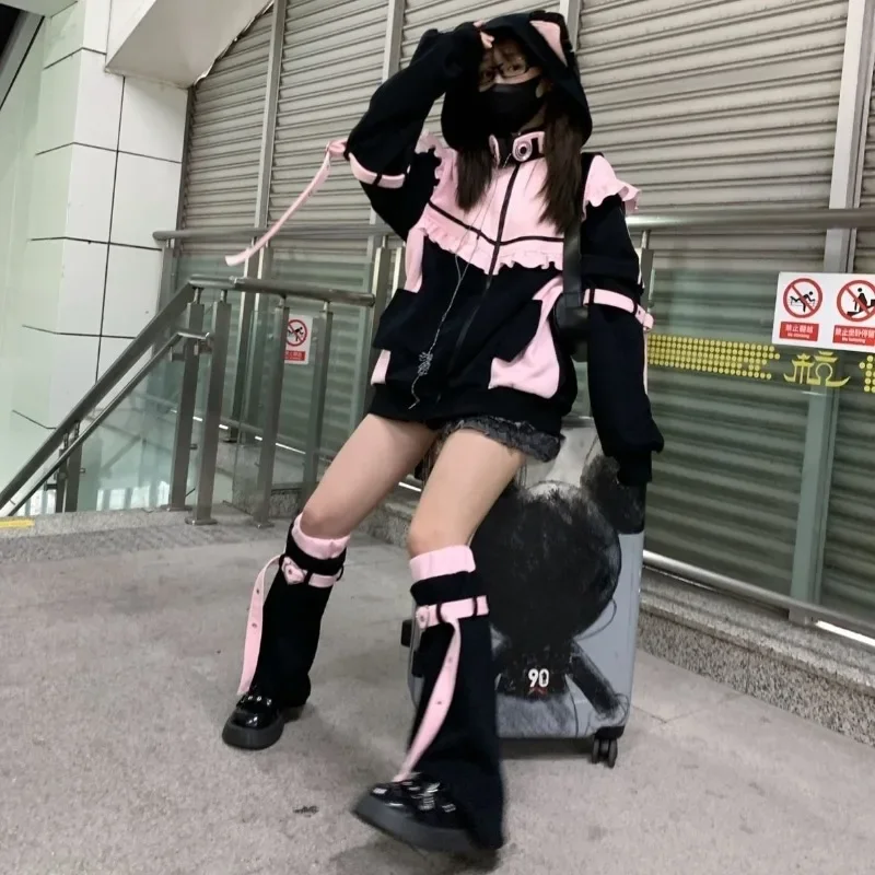 Y2k Gothic Rits Jas Met Capuchon Vrouwen Oversize Fee Jas Streetwear 2025, Herfst Outfits Japanse Kawaii Harjuku Chic Sweatshirt