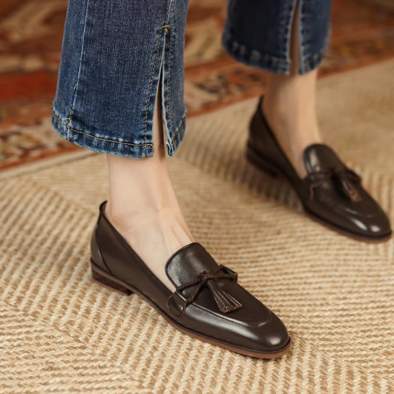 2023 Spring Genuine Leather Women Shoes Casual Slip-On Loafers Comfortable Simple  Square Toe  Woman