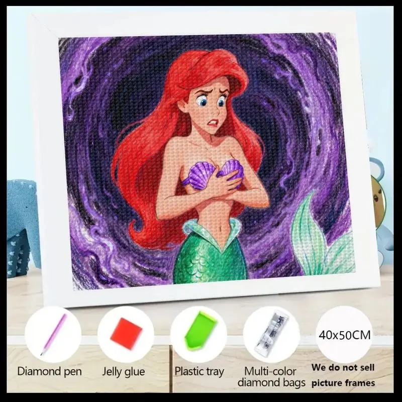 

1PC Disney Princess Ariel 5D Diamond Painting Full Kit, The Little Mermaid Cartoon DIY Craft Art, Round Full Drill Crystal Rhine