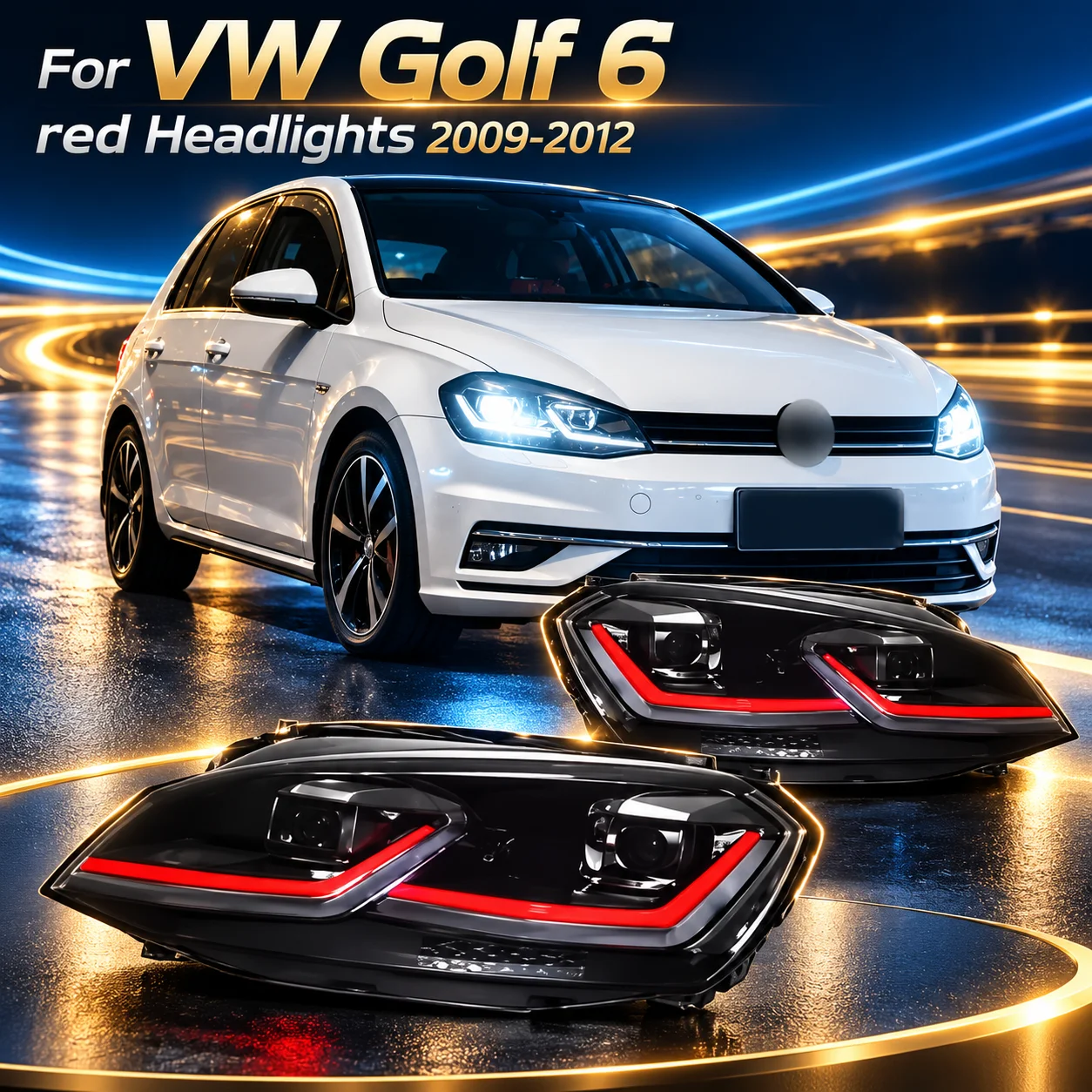 LED-Doppelprojektor-Scheinwerfer-Set für VW Golf 6 MK6 R20 2009-2012, rote LED-Tagfahrleuchten, modifizierte Ersatz-Autoteile