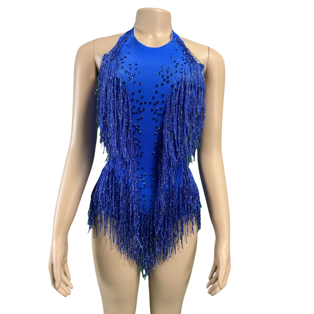 

Sparkly Rhinestones Tassel Leotard Women Sexy Performance Royal Blue Bodysuit Nightclub Outfit Singer Dancer Costume Stage Wear