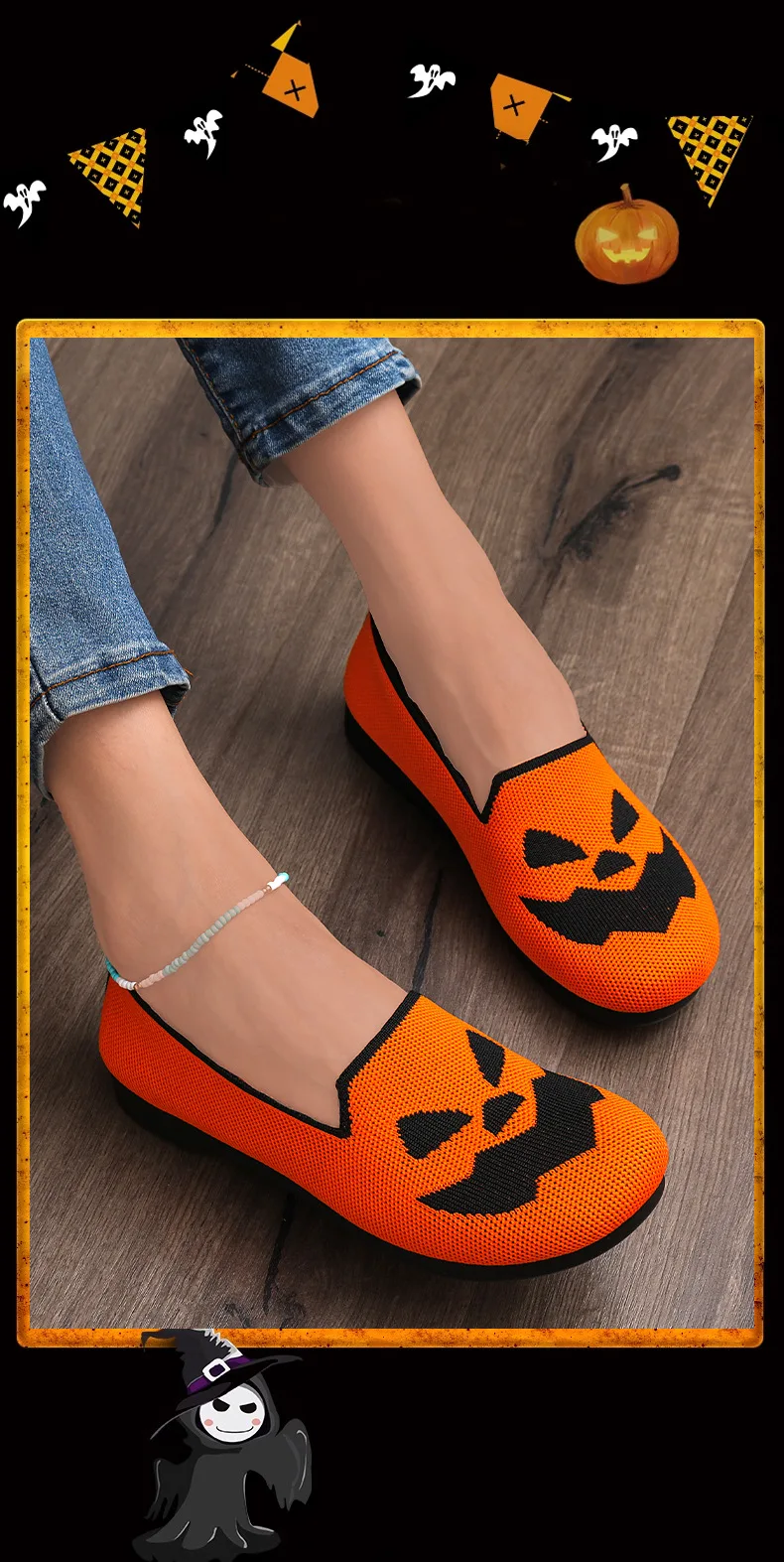 Damen-Halloween-Kürbisgesicht-Strickflachschuhe, atmungsaktive einteilige Slipper, leichte Freizeit-Party-Schuhe – Detail 5