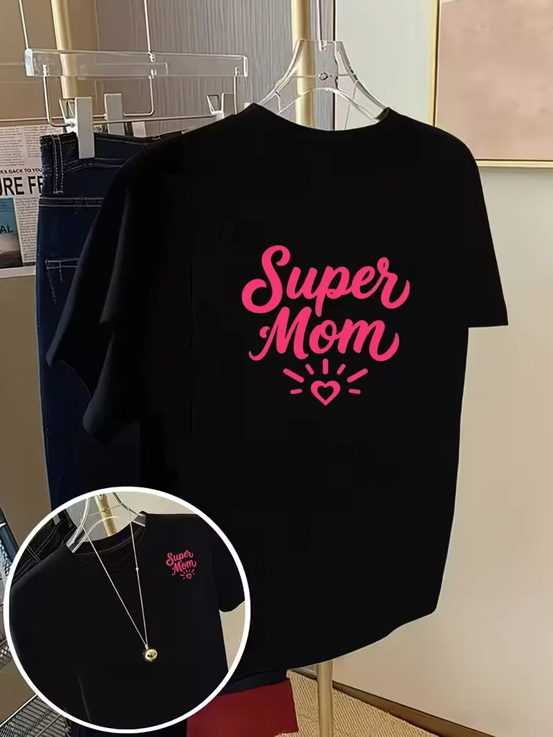 Super Mom Print T-shirt Mother's Day Gift Pink Letter And Heart Graphic Short Sleeve Round Neck Casual Tops Women All Season Tee