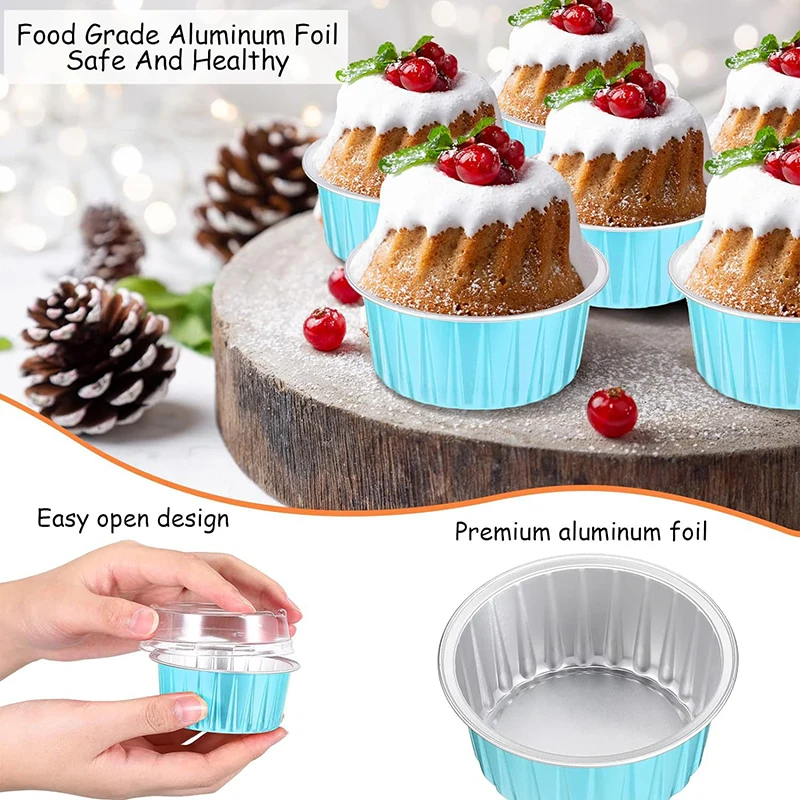 50Pcs 5oz Mini Baking Cups Aluminium Foil Cake Pans With Lids Spoons Heat Resistant Cupcake Muffin Liners For Gatherings Parties