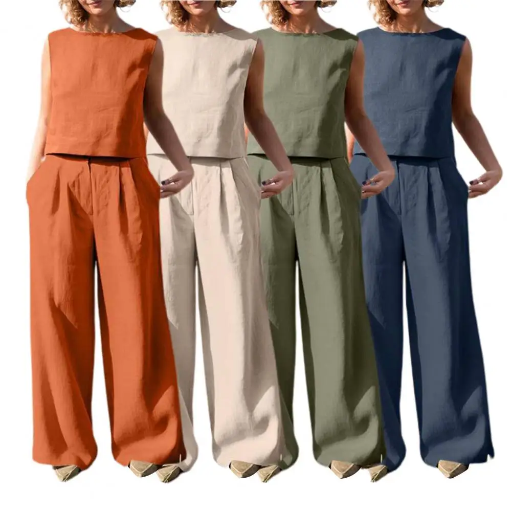 

1 Set Top Pants Set Summer Women Outfit T-shirt Pants Loose Elegant Vintage Crew Neck Outfit Crew Neck Blouse Wide Leg Trousers