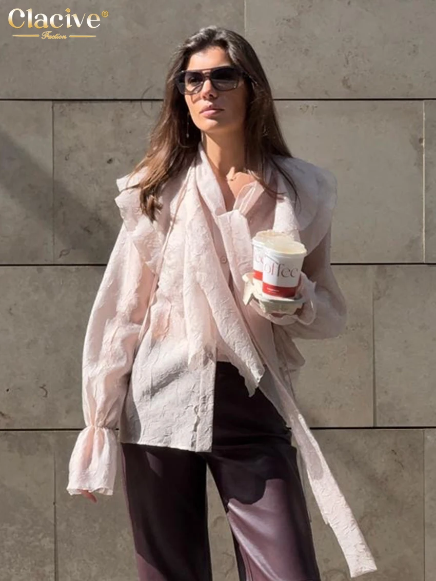

Clacive Casual Loose Pink Women's Shirt 2025 Fashion Lapel Long Sleeve Blouse Elegant Classic Ruffle Lace-Up Top Female Clothing