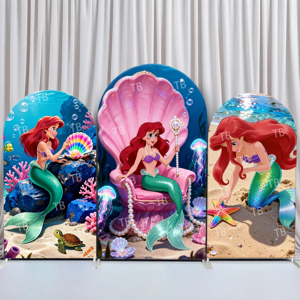 

Disney Ariel Arch Backdrop Cover Underwater Shell Chair Beach Scene for Birthday & Baby Shower Party Photo Booth Decor Props