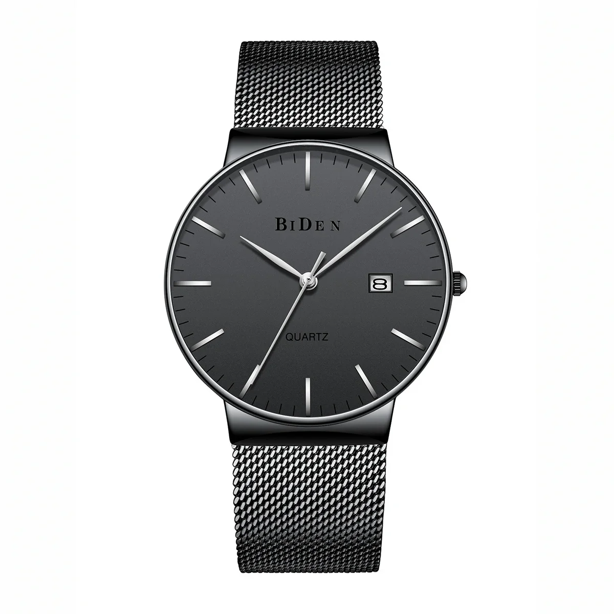 BIDEN High-end Lightweight Business Style Men's Quartz Stone Watch Stainless Steel Mesh Belt Calendar Waterproof Leisure