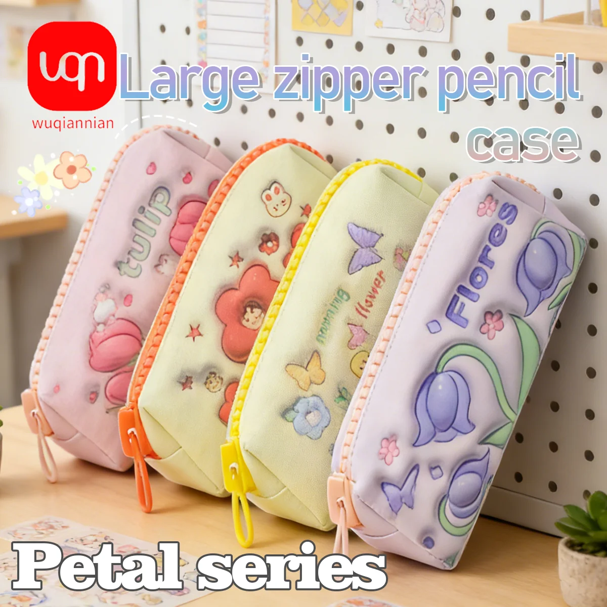 Cartoon Floral Rabbit Pencil Case,Large Capacity Soft PU Pencil Bag,Aesthetic Stationery Storage Bag,Portable Zipper Stationery