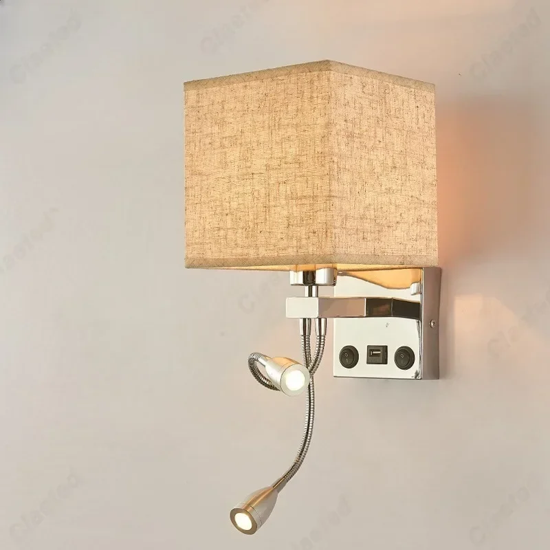 LED Fabric Lampshade E27 with Switch Wall Light USB Charging Port Adjustable Angle Hose Spotlight Bedroom Bedside Reading Light