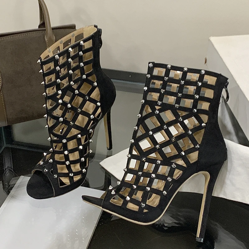 

Aneikeh Black Fashion Punk Rivet Ankle Boots Sandals Hollow-out Pumps Cover Heel Design Peep Toe Ladies Party Nightclub Shoes