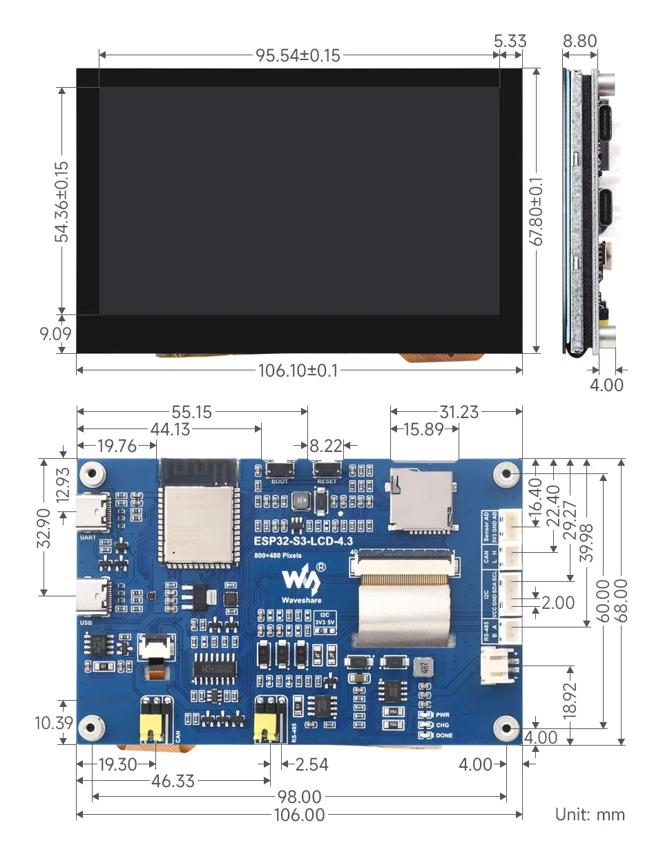 Waveshare ESP32-S3 4.3 pouces 800 × 480 écran tactile LVGL GUI carte de développement écran LCD tactile 5 points Compatible pour Arduino IDE