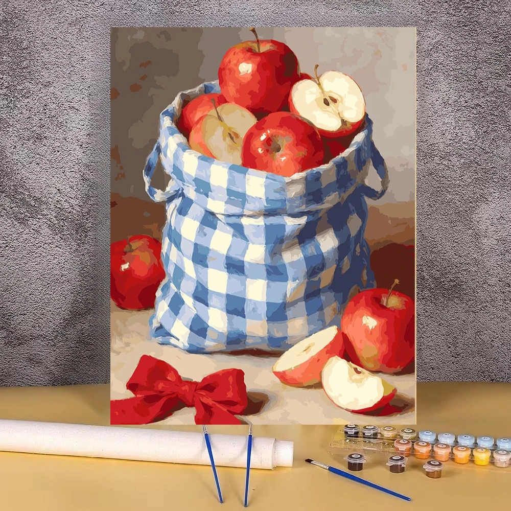 Red Apple Still Life Gingham Bag Oil Painting By Numbers Modern Wall Decor for Living Room Bedroom Perfect Gift No Frame