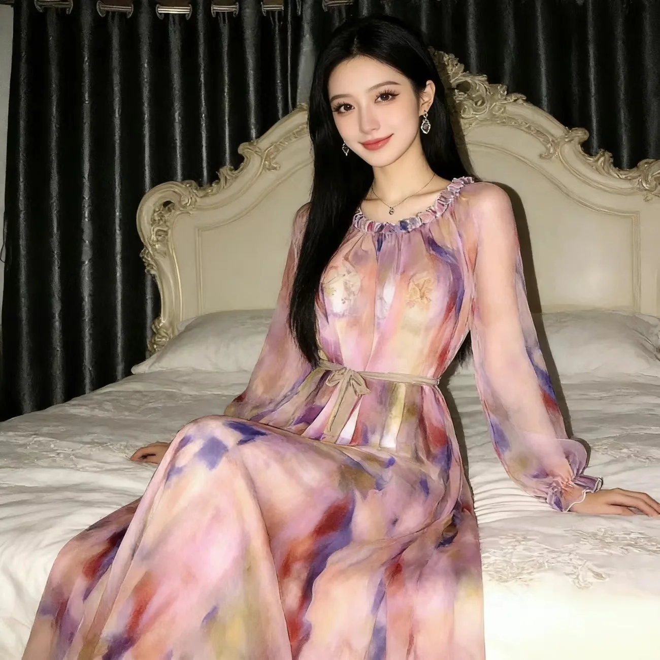 Sexy Beach Chiffon Long Dress Arrival Large Swing Dresses Elegant Long-Sleeved Loose Lace-Up Slim Dresses Private Party shrit
