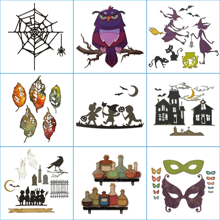 2024 Szklany liść Sowa Zamek duchów Czarownica Probówka Metalowe matryce do wycinania na Halloween Maska Pająk Sieć Scrapbook Card Making Stencils