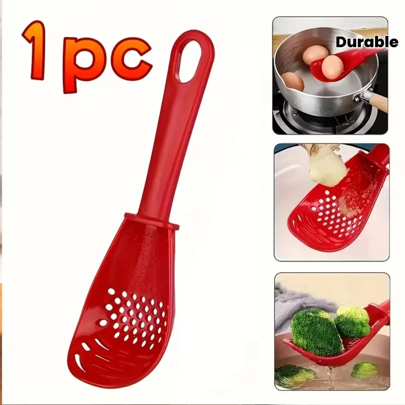 5-in-1 Kitchen Tool: Masher, Whisk, Strainer, Grater & Bowl Scraper. Red, Easy-Clean PP Material. Ergonomic Handle.