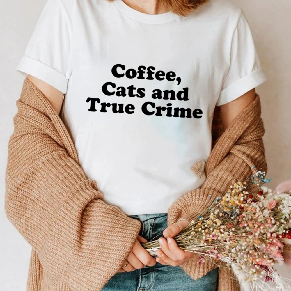 Coffee Cats and True Crime T Shirt Funny TV Show Shirt Unisex Summer Casual Top Short Sleeve Tees Print Tshirt