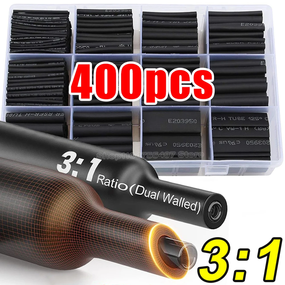 3:1 Ratio Heat Shrink Tubing Kit Black Adhesive Lined Wire Shrink Wrap Tube Industrial Wire Connector Cable Sleeves Protecter